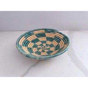 Handwoven African Hanging Basket Bowl Rwanda Coiled Woven Sisal & Seagrass Teal
